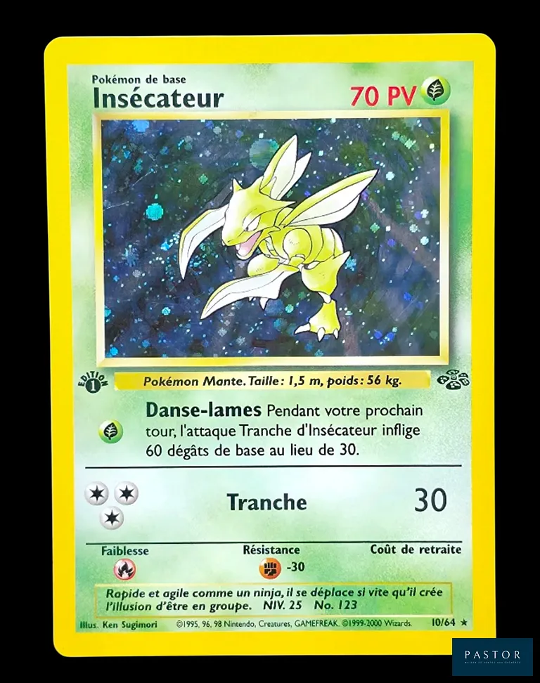 Carte Pokémon Insécateur 10/64 - Holographique.
Série du bloc Wizards : Jungle Édition 1.
Carte en état Excellent, en francais.
Livrée sous bulles et toploader.