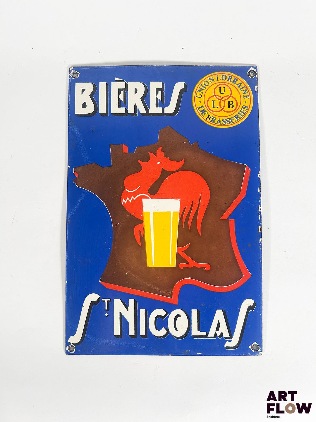 Plaque émaillée rectangulaire Bières Saint Nicolas Dimensions : 30,5 x 20,5 cm Petits éclats et traces de rouille Reproduction moderne