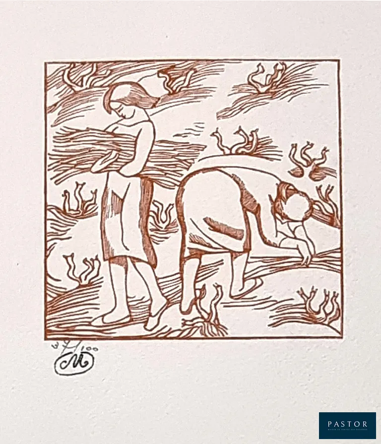 Aristide Maillol,
Jeunes filles ramassant des sarments de vigne, pour Géorgiques de Virgile, 1950

Bois gravé original tiré en sanguine sur papier vergé
Monogramme de l'artiste en bas à gauche
Numéroté 37 / 100
Edité par Philippe Gonin, Paris
Bon état (foxing)

Planche : 33 X 24 cm / gravure : 11 X 11,5 cm


Expédition obligatoire, jusqu'à 5 Lithographies dans votre colis pour 14,76€ TTC en France Métropolitaine, et 29,64€ TTC pour l'Europe