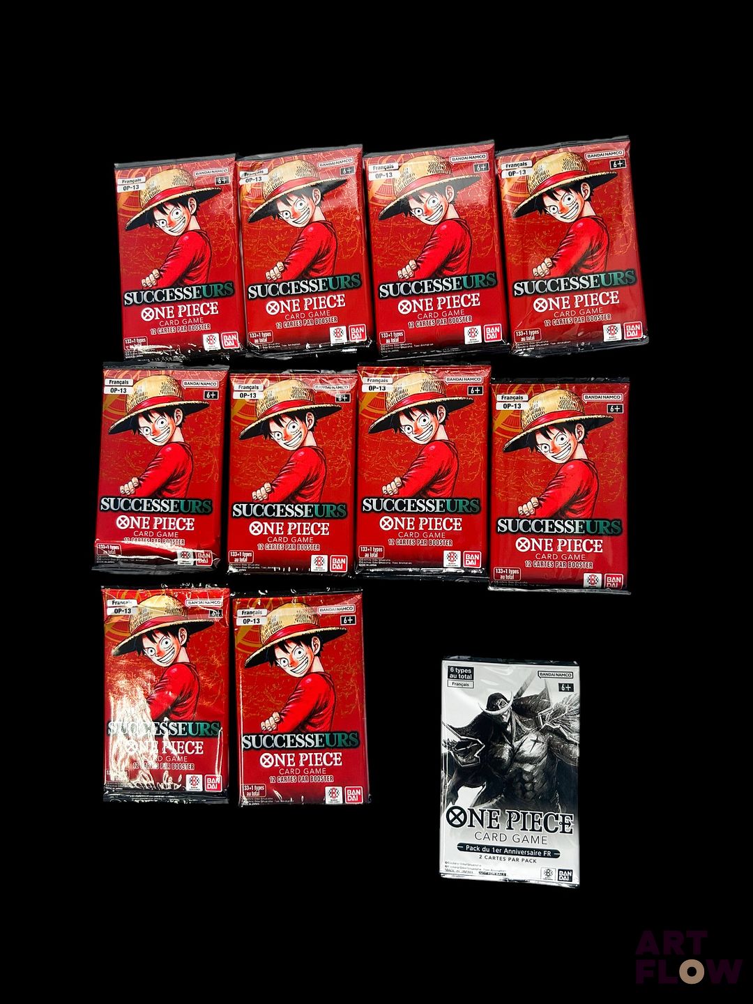 Ensemble One Piece comprenant 10 boosters de la série Successeurs OP-13 et 1 booster Pack du 1er Anniversaire Neuf Scellés En Français