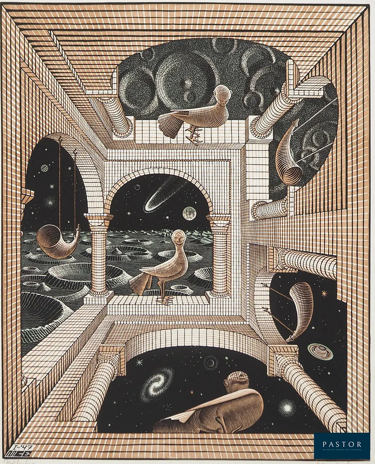 Maurits Cornelis Escher (1898-1972)
Métaphysique, 2008

Fac-similé d'après le bois gravé original de 1935
Signée dans la planche
Numérotée /450 exemplaires
Sur Vélin 64,5 x 55 cm
Éditée par la M.C. Escher Foundation (Cachet sec de l'éditeur + cachet au dos)
Excellent état


Expédition obligatoire, jusqu'à 5 Lithographies dans votre colis pour 14,76€ TTC en France Métropolitaine, et 29,64€ TTC pour l'Europe