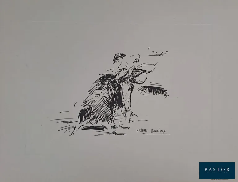 Roberto Domingo y Fallola (1883-1956)
"Chicuelo" en la famosa "chicuelina", lance de su invencion

Gravure
Signée dans la planche
Dimension feuille : 24.5 x 31.5 cm environ
Dimension image : 17 x 24 cm

Très bon état


Expédition obligatoire, jusqu'à 5 Lithographies dans votre colis pour 14,76€ TTC en France Métropolitaine, et 29,64€ TTC pour l'Europe