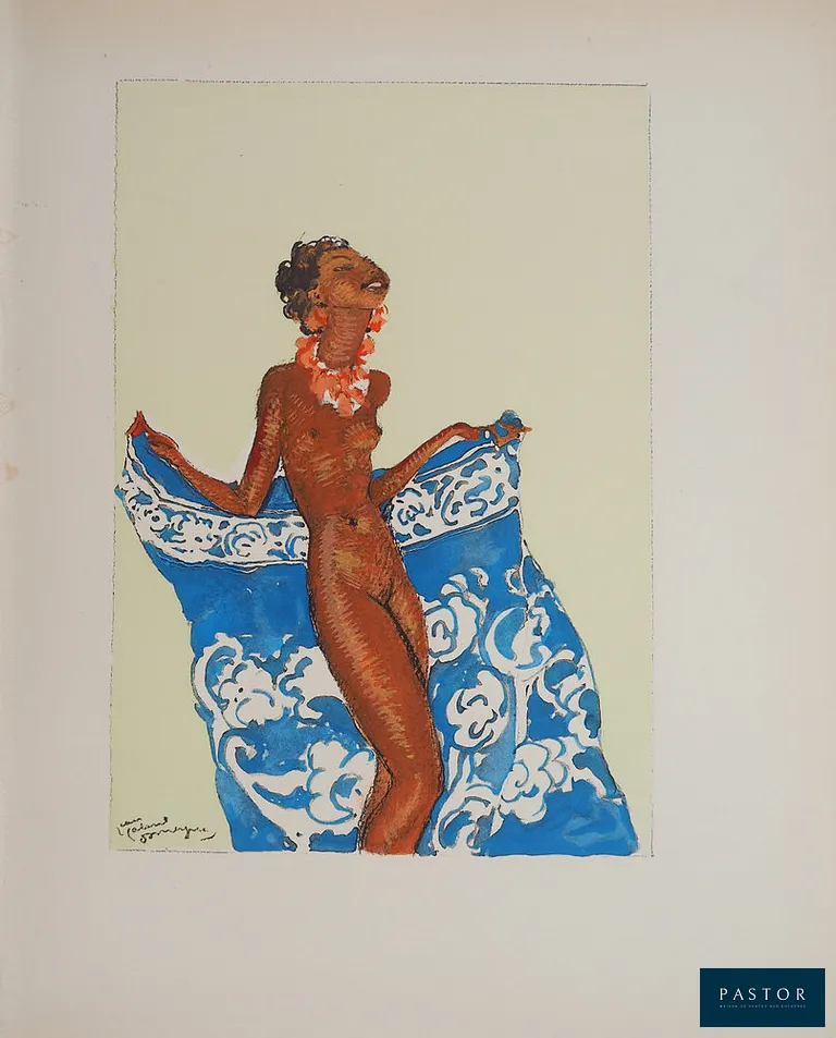 Jean-Gabriel DOMERGUE (1889-1968)
Tahiti, nu joyeux, 1936

Lithographie et pochoir (atelier Jacomet)
Signée dans la planche
Sur vélin Lafuma 21 x 17 cm

Excellent état


Expédition obligatoire, jusqu'à 5 Lithographies dans votre colis pour 14,76€ TTC en France Métropolitaine, et 29,64€ TTC pour l'Europe