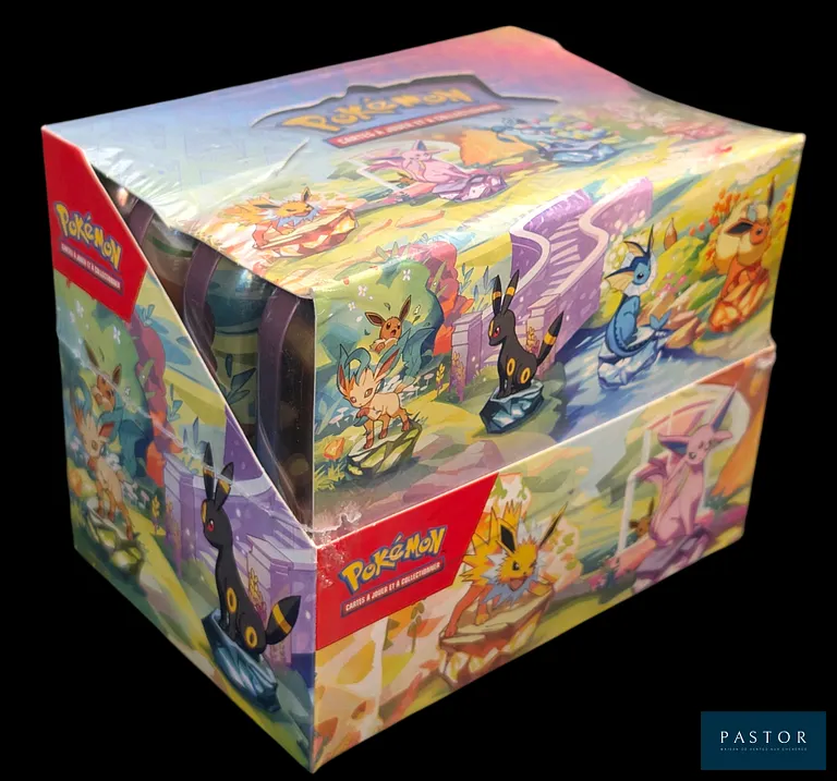 Coffret Pokémon scellé : Display de 8 Mini-Tins. Série du bloc Écarlate&Violet : Évolutions Prismatiques (EV08.5).
En français.