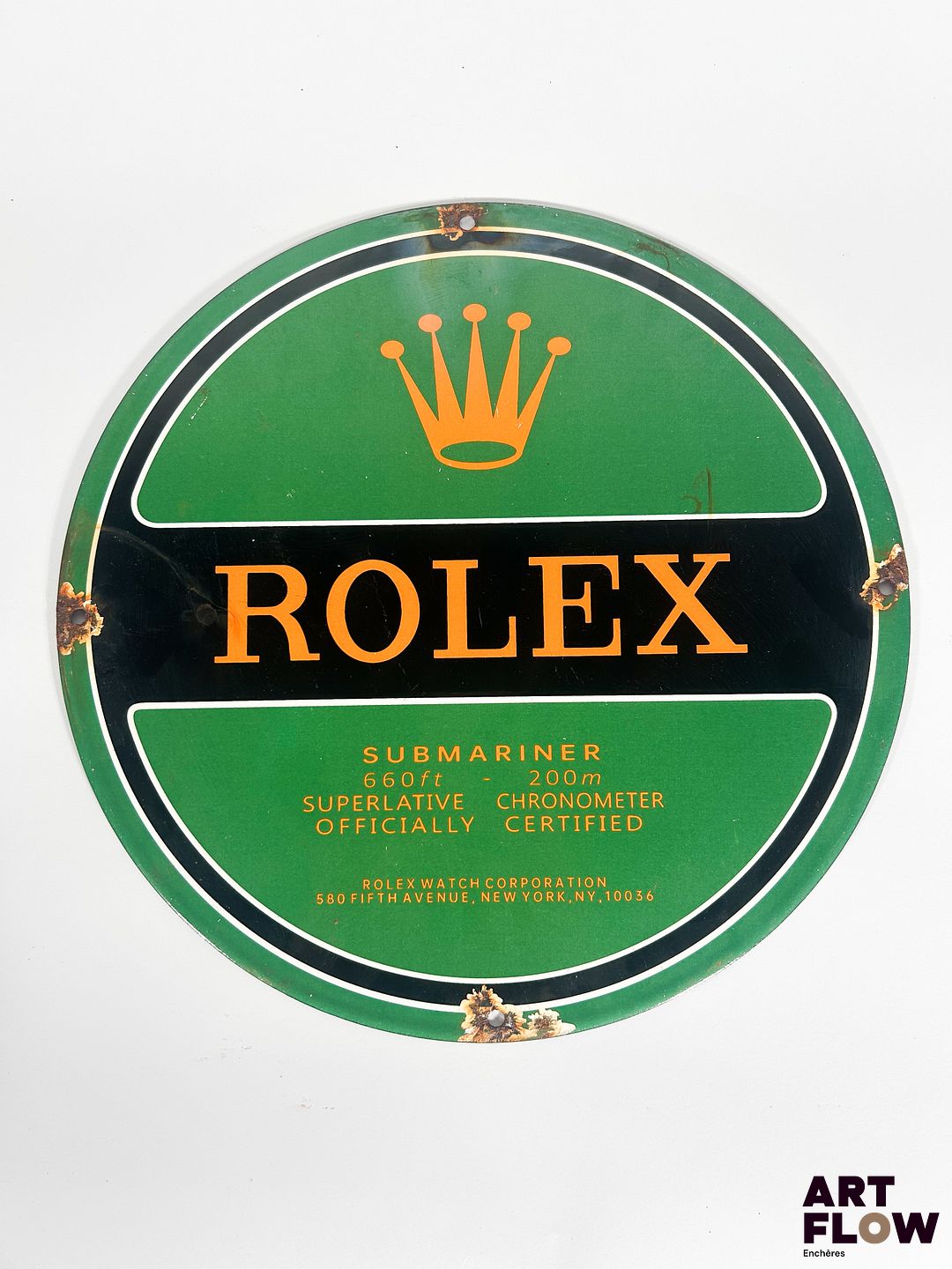 Plaque émaillée ronde Rolex Diamètre : 30 cm Petits éclats et traces de rouille Reproduction moderne