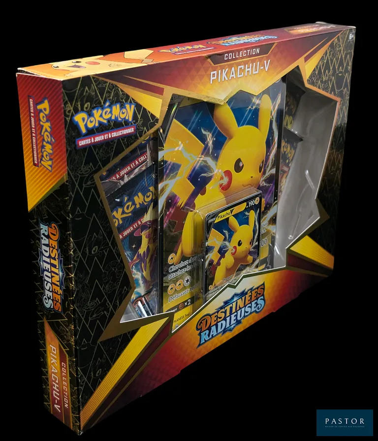 Coffret Pokémon scellé : Collection Pikachu V. Série du bloc Épée&Bouclier : Destinées radieuses (EB4.5).
En français.