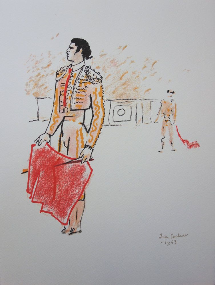 Jean COCTEAU (1889-1963) Le toréador et sa muleta Lithographie en couleurs Signée dans la planche Sur Vélin 28 x 38 cm Excellent état INFORMATION : Créée pour le portfolio Taureaux, éditée en 1965 à 200 exemplaires et imprimée dans les ateliers Mourlot Expédition obligatoire, jusqu&rsquo;à 5 Lithographies dans votre colis pour 14,76€ TTC en France Métropolitaine, et 29,64€ TTC pour l&rsquo;Europe