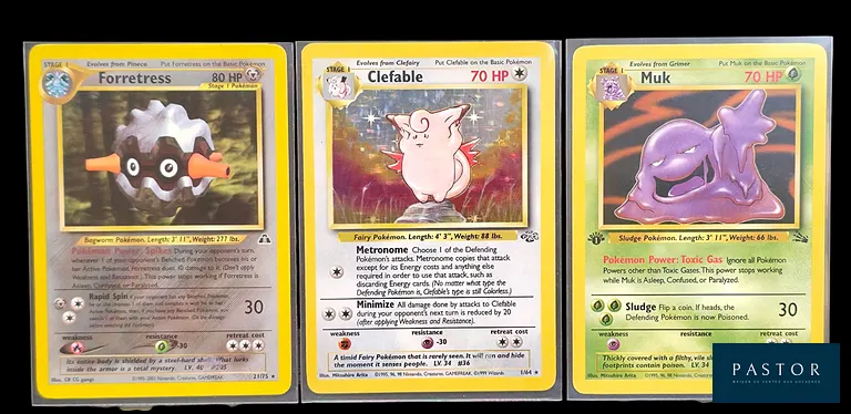 Réunion de 3 cartes Pokémon du bloc Wizards, dont le Mélodelfe Holographique de Jungle et 2 Rares, dont une en 1ere édition. 
Cartes en état global Très bon, en anglais.