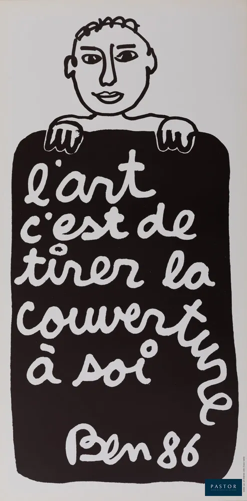 BEN (Ben Vautier dit) (1935-2024)
L'art c'est de tirer la couverture à soi, 1986

Affiche originale
Signée dans la planche
Sur papier épais 30 x 61 cm
Editée par Art-Thèmes

Excellent état


Expédition obligatoire, jusqu'à 5 Lithographies dans votre colis pour 14,76€ TTC en France Métropolitaine, et 29,64€ TTC pour l'Europe