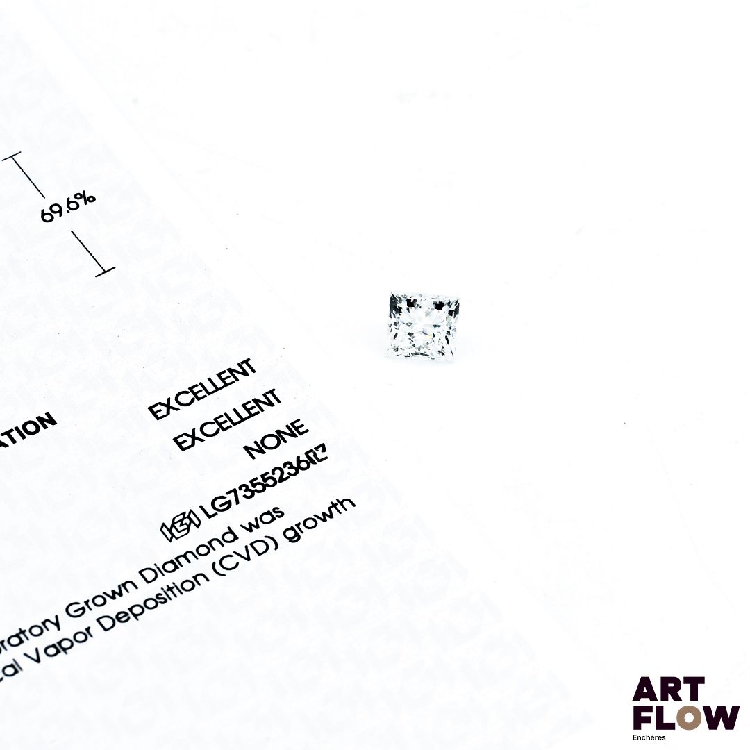 Diamant de synthèse (lab-grown diamond) de forme princesse 1,5 carats, accompagné d'un certificat de laboratoire (IGI) indiquant : D, VS1