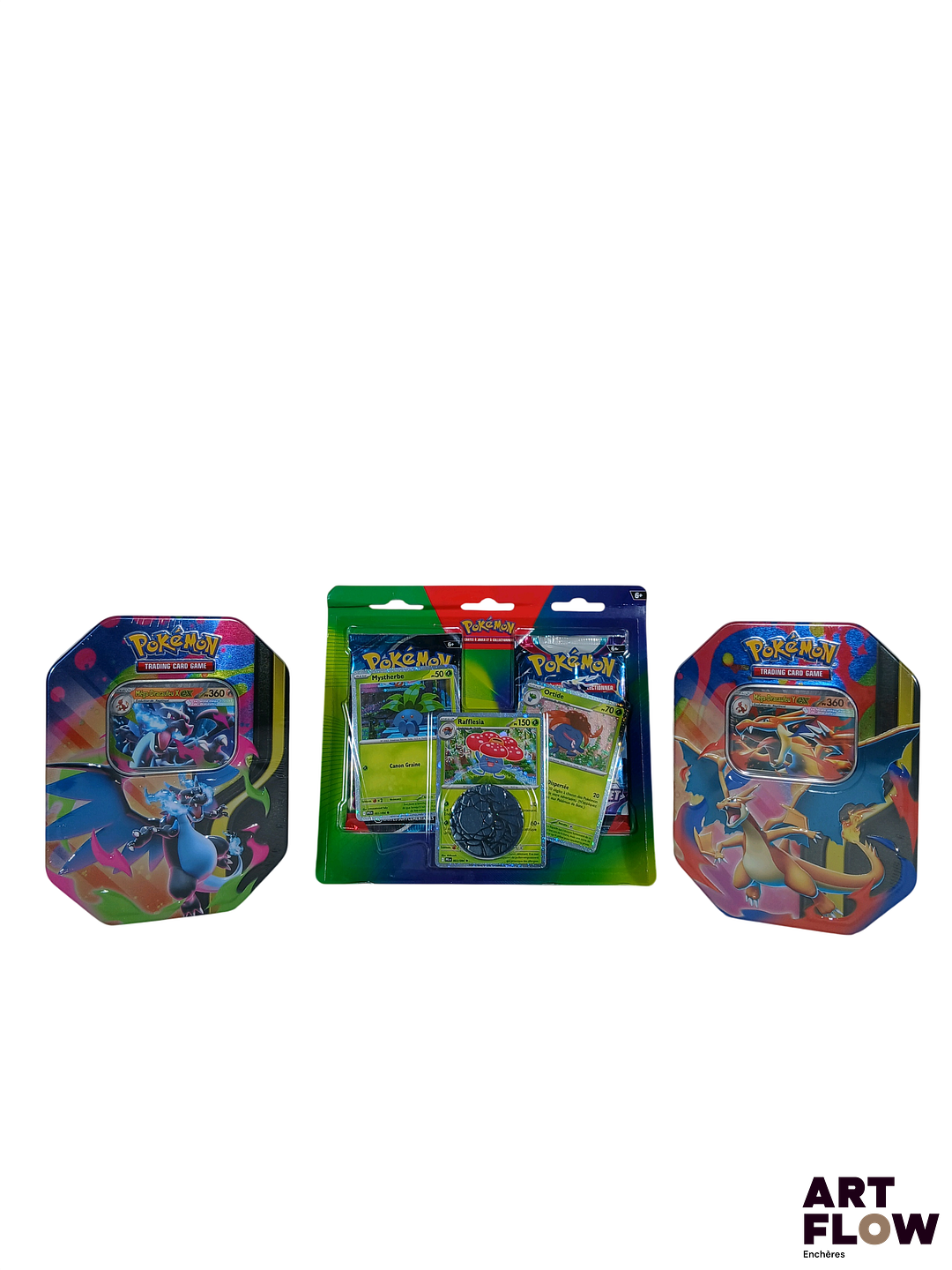 Ensemble comprenant : - Une Pokebox Mega Dracaufeu Y Ex - Une Pokebox Mega Dracaufeu X Ex - Un Duopack Mystherbe, Ortide et Rafflesia Légers défauts de scellage sur le devant d'une des pokebox (voir photos) Neuf scellé En français