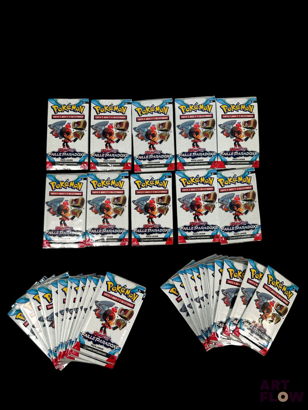 Ensemble de 50 boosters pack loisir Pokémon scellés. Série du bloc Ecarlate et violet : Faille paradoxe (EV04). En Français