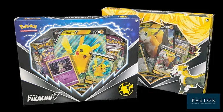 Réunion de 2 coffrets Pokémon scellés : Fulgudog V et Pikachu V - Année 2022.
Bloc de séries Épée&Bouclier (EB08) - Contient des boosters de plusieurs séries du bloc.
En français.