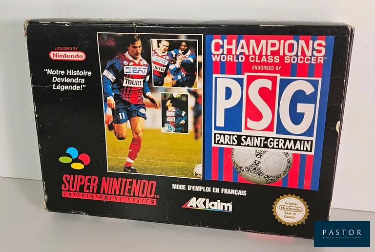 NINTENDO - SUPER NES - Jeu : Champions World Class Soccer PSG. Complet avec boite, notice, cartouche, cale. SNSP FAH. Sortie : 1994. Football