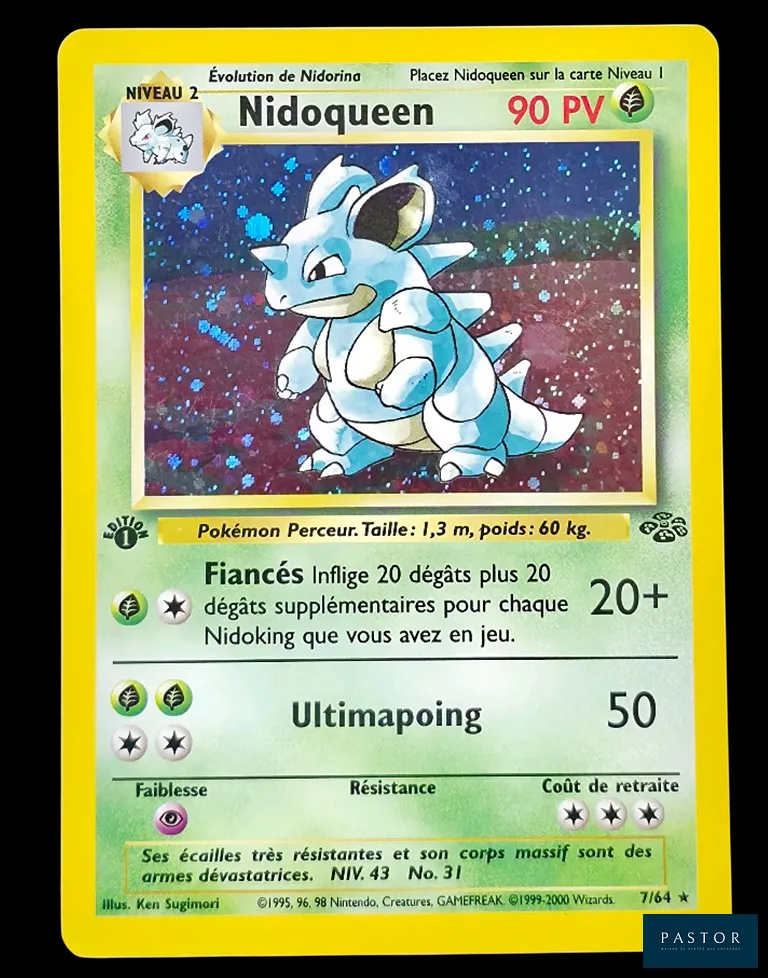 Carte Pokémon Nidoqueen 7/64 - Holographique.
Série du bloc Wizards : Jungle Édition 1.
Carte en état Excellent / Near Mint, en français.
Livrée sous bulles et toploader.