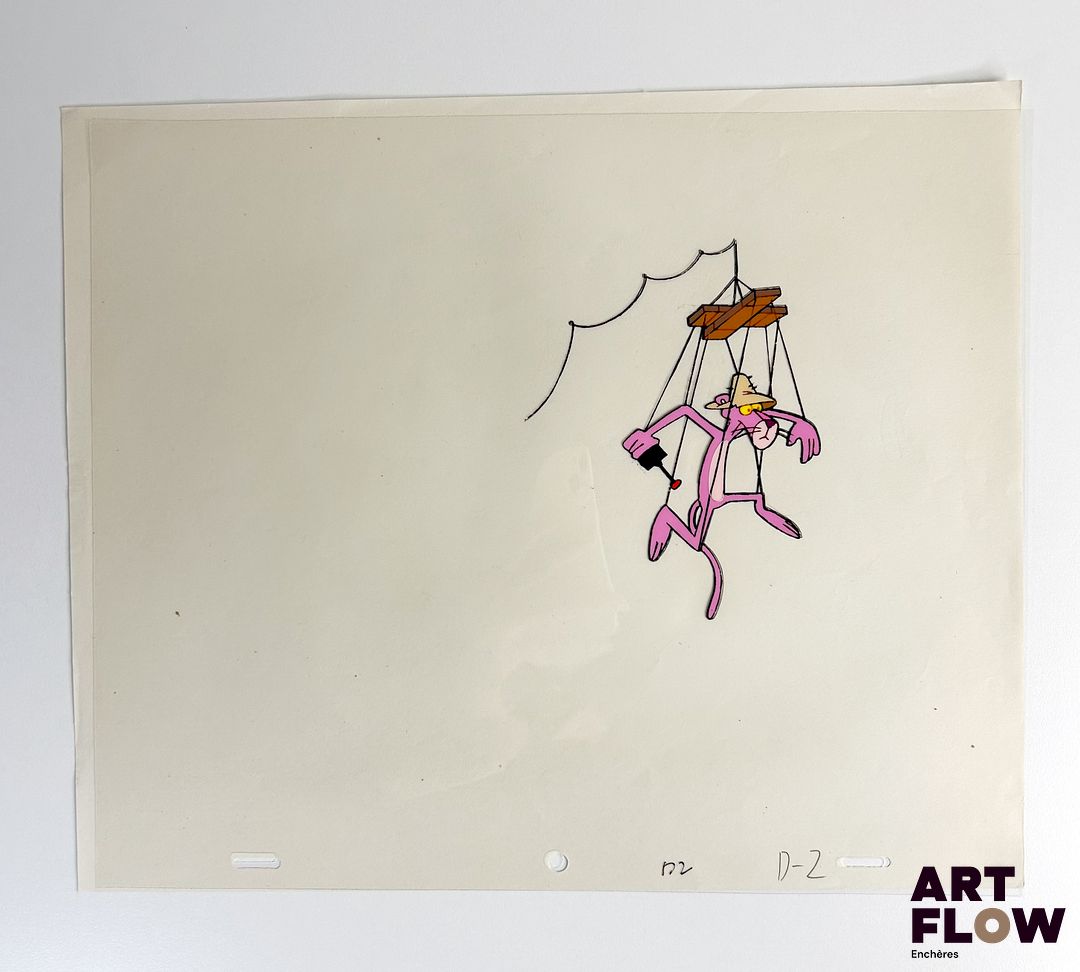 La Panthère Rose (The Pink Panther), d'après Friz Freleng Cellulo à l’encre et à la gouache représentant la Panthère Rose en pantin articulé Animé américain d'après la série créée par Friz Freleng et David DePatie "La Panthère Rose est le personnage principal de son univers animé. C’est une panthère anthropomorphe, élégante et malicieuse, connue pour son calme, son humour subtil et ses situations comiques souvent muettes. Elle se distingue par sa capacité à se sortir habilement de situations absurdes tout en conservant son style raffiné et son charme unique." Dimensions : 27 x 31,5 cm