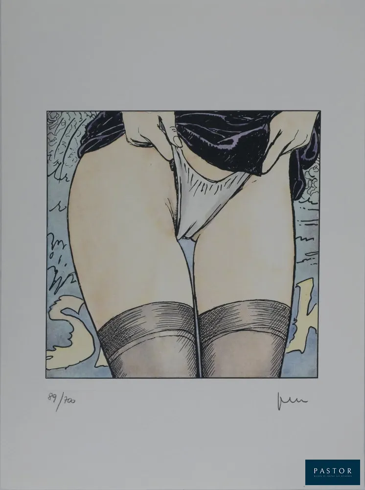Milo MANARA (1945-)
Le déclic, Sous la soie, 1992

Lithographie originale
Signée au crayon
Numérotée sur 700 exemplaires (photo du numéro à titre d'exemple)
Sur vélin Tintoretto 38.5 x 28.5 cm

INFORMATION : Edition originale réalisée par Editori del Grifo en 1992. Ecrit et illustré par Milo Manara, le Déclic est l'histoire d'une jeune femme, Claudia qui se fait enlever par un docteur qui lui implante une puce reliée à un émetteur. A partir de là, Claudia devient la proie d’une technologie énigmatique qui la plonge dans un trouble profond, altérant peu à peu sa volonté.

Excellent état


Expédition obligatoire, jusqu'à 5 Lithographies dans votre colis pour 14,76€ TTC en France Métropolitaine, et 29,64€ TTC pour l'Europe