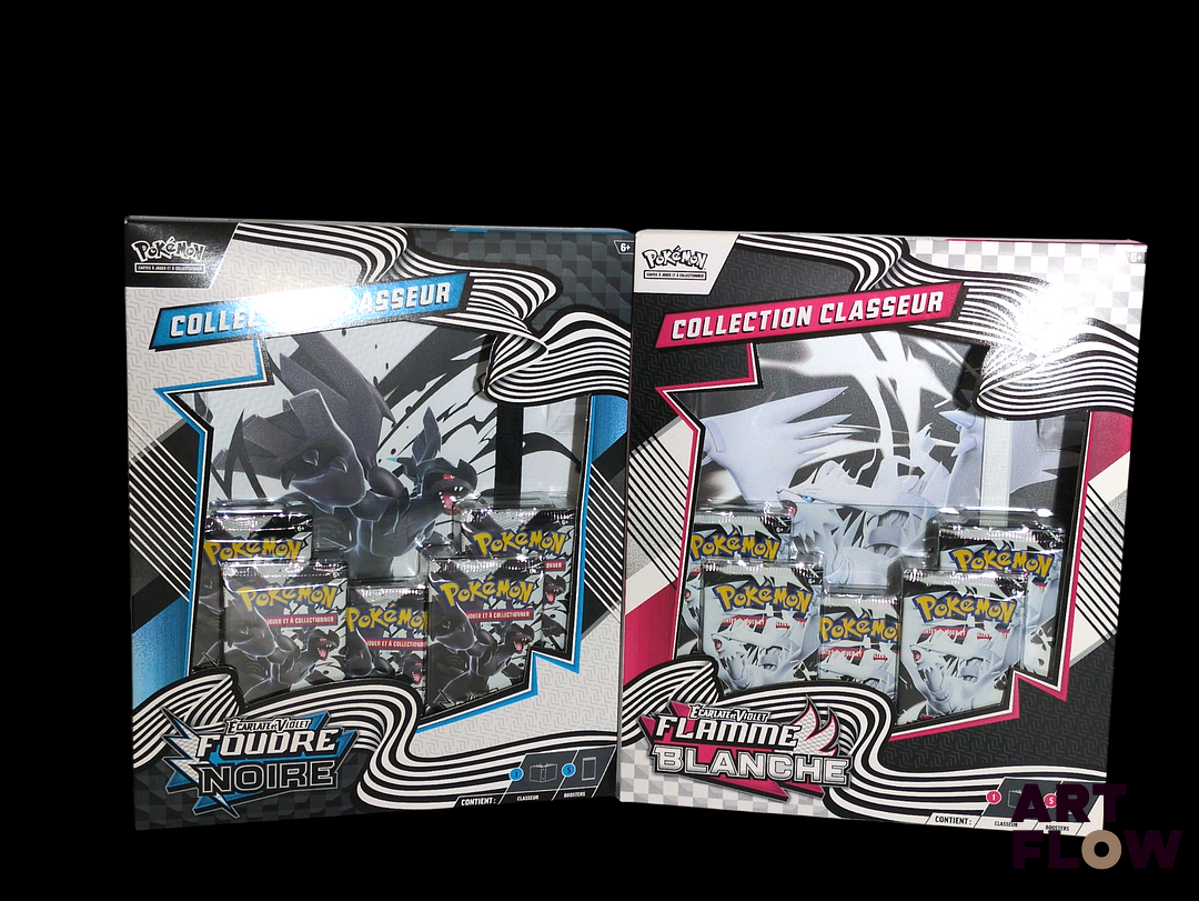 Ensemble de deux coffrets Pokémon scellés : Collection classeur Série du bloc Écarlate & Violet : Flamme blanche pour l'un et Foudre noire pour l'autre En français Neufs : légers défauts (voir photos)