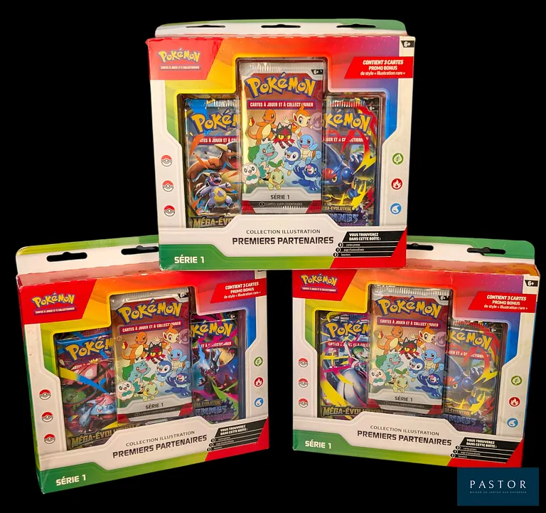 Réunion de 3 coffrets Pokémon scellés : Collection Illustration.
Premiers Partenaires série 1, sorti pour les 30 ans de la licence Pokémon.
En français. - TVA Récupérable