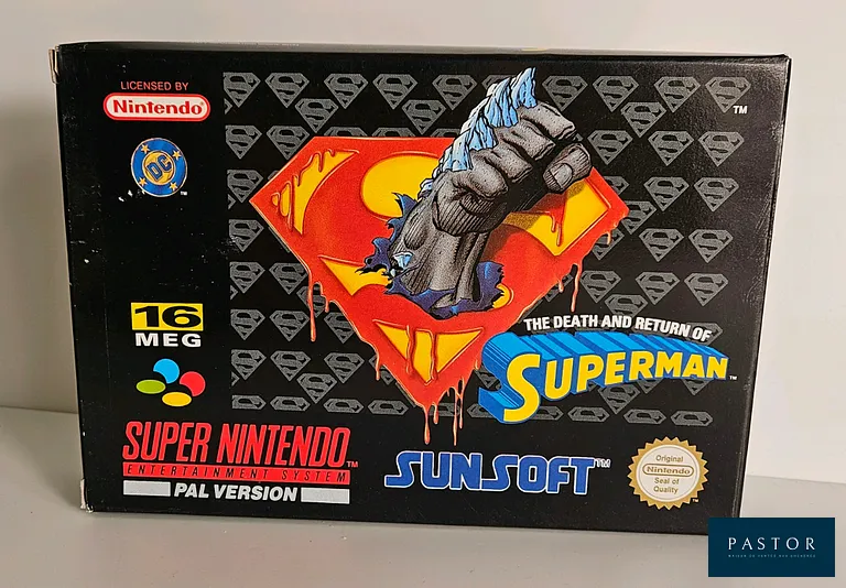 NINTENDO - SUPER NES. Jeu : The Death and Return of Superman. Complet avec boite, notice et cartouche. Sortie : 1994. TBE.Très rare. Beat them all