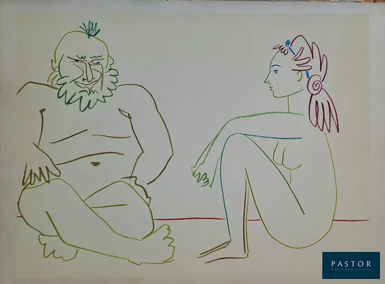 Pablo Picasso (1881-1973)
La fille nue et le sage, 1954

Lithographie en couleur, sur papier épais
Datée dans la planche et non signée
Imprimée par les ateliers Mourlot, 1954
Dimensions : 26.5 x 35.5 cm

Très bon état, quelques rousseurs dans la marge du haut

Editée en 1954 pour la revue Verve n° 29-30 : "La comédie humaine, suite de 180 dessins de Picasso".


Expédition obligatoire, jusqu'à 5 Lithographies dans votre colis pour 14,76€ TTC en France Métropolitaine, et 29,64€ TTC pour l'Europe