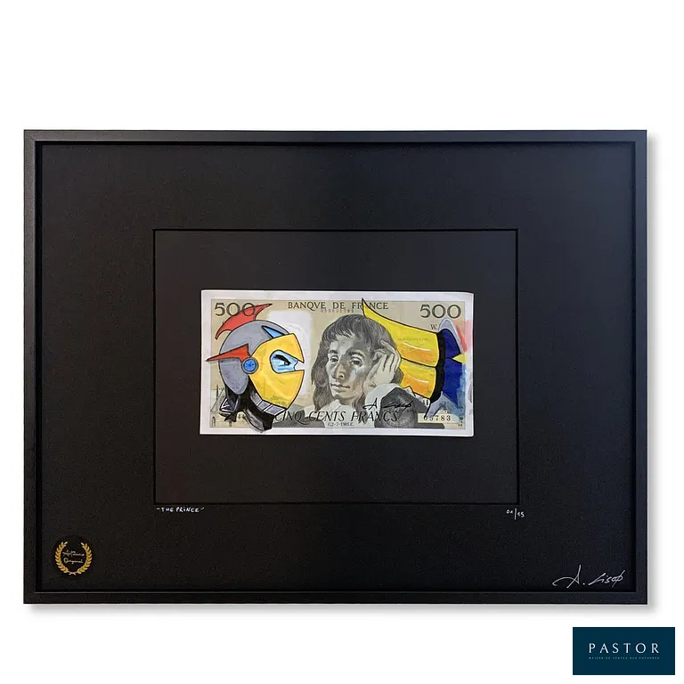 Cisco
The prince, 2026

Acrylique sur billet de banque
Œuvre signée
Photos non contractuelles
Edition limitée de 15 exemplaires : toutes les œuvres sont uniques et présentent des détails distincts car elles sont peintes par l'artiste.

Dimensions : 9.7 x 18 cm
Encadrée : 30 x 40 cm


Expédition obligatoire, jusqu'à 5 Lithographies dans votre colis pour 14,76€ TTC en France Métropolitaine, et 29,64€ TTC pour l'Europe