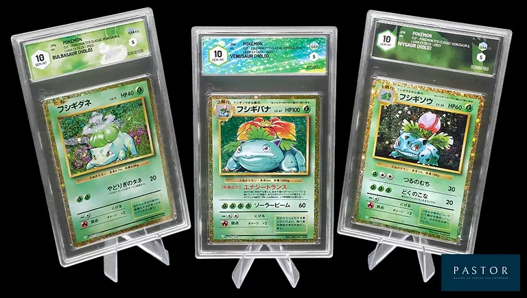 Réunion de 3 cartes Pokémon gradées - Trio évolutif du starter Bulbizzare 001/032.
avec Herbizarre 002/032 et Florizarre 003/032 - GRAAD 10.
Série du Classic Venusaur & Lugia ex Deck (CLF).
Cartes en état Gem Mint (GRAAD 10), en japonais.
