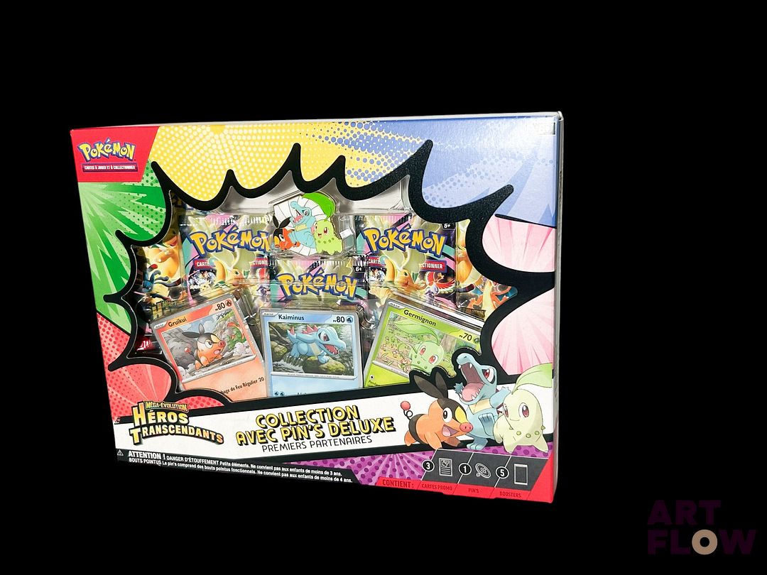 Coffret Pokemon Collection avec Pin's Deluxe Premiers partenaires Série du bloc Mega-Evolution : Héros transendants (ME2.5) Quelques défauts (voir photos) En Français