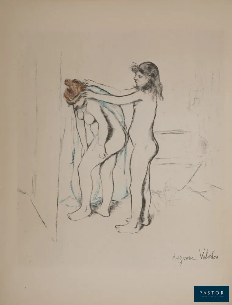 Suzanne VALADON (1865-1938) (d'après)
La toilette, Filles s'essuyant, 1947

Lithographie rehaussée au pochoir d'après un dessin
Signée dans la planche
Sur vélin Lana 32 x 25 cm

INFORMATION : Lithographie éditée de façon posthume par Pétrides, galeriste historique de Valadon et Utrillo, pour une monographie consacrée à l'artiste.

Excellent état


Expédition obligatoire, jusqu'à 5 Lithographies dans votre colis pour 14,76€ TTC en France Métropolitaine, et 29,64€ TTC pour l'Europe