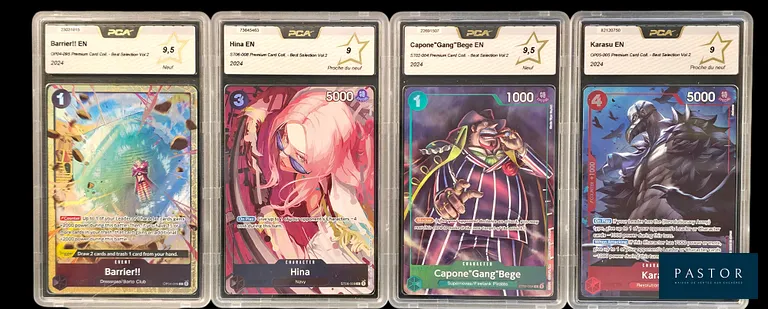 Réunion de 4 cartes One Piece gradées PCA.
Série de la Premium Card Collection - Best Selection Vol.2 : 
- Karasu OP05-005 - PCA 9.
- Hina ST06-008 - PCA 9.
- Capone "Gang" Bege ST02-004 - PCA 9.5.
- Barrier!! OP04-095 - PCA 9.5.
En anglais. - TVA Récupérable