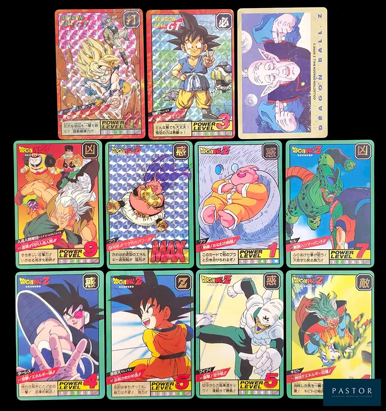 Ensemble de 11 cartes DragonBall Z. Dont 10 cartes DragonBall Z et GT Power Level et 1 DragonBall Z série 3.
Cartes en état global Bon, majoritairement en japonais.