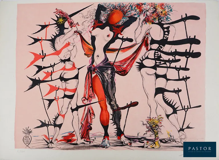 Salvador DALI (1904-1989)
Costumes pour Tristan Fou : Femmes fleurs, 1970

Lithographie originale (atelier Desjobert)
Signée au crayon
Numérotée /XXV exemplaires
Sur papier Japon 56 x 76 cm

REFERENCES :
- Catalogue raisonné Field #70-2
- Catalogue raisonné Michler & Lopsinger #1329

INFORMATION : Cette lithographie a été réalisée par Salvador Dali comme projet de costumes pour la pièce Tristan Fou, éditée par Michelle Broutta et imprimée dans les Ateliers Desjobert.

PROVENANCE ; Ancienne collection de l'éditeur Draeger, ami de l'artiste

Très bon état, petits défauts en bord de feuillet et petits reports près de la signature


Expédition obligatoire, jusqu'à 5 Lithographies dans votre colis pour 14,76€ TTC en France Métropolitaine, et 29,64€ TTC pour l'Europe