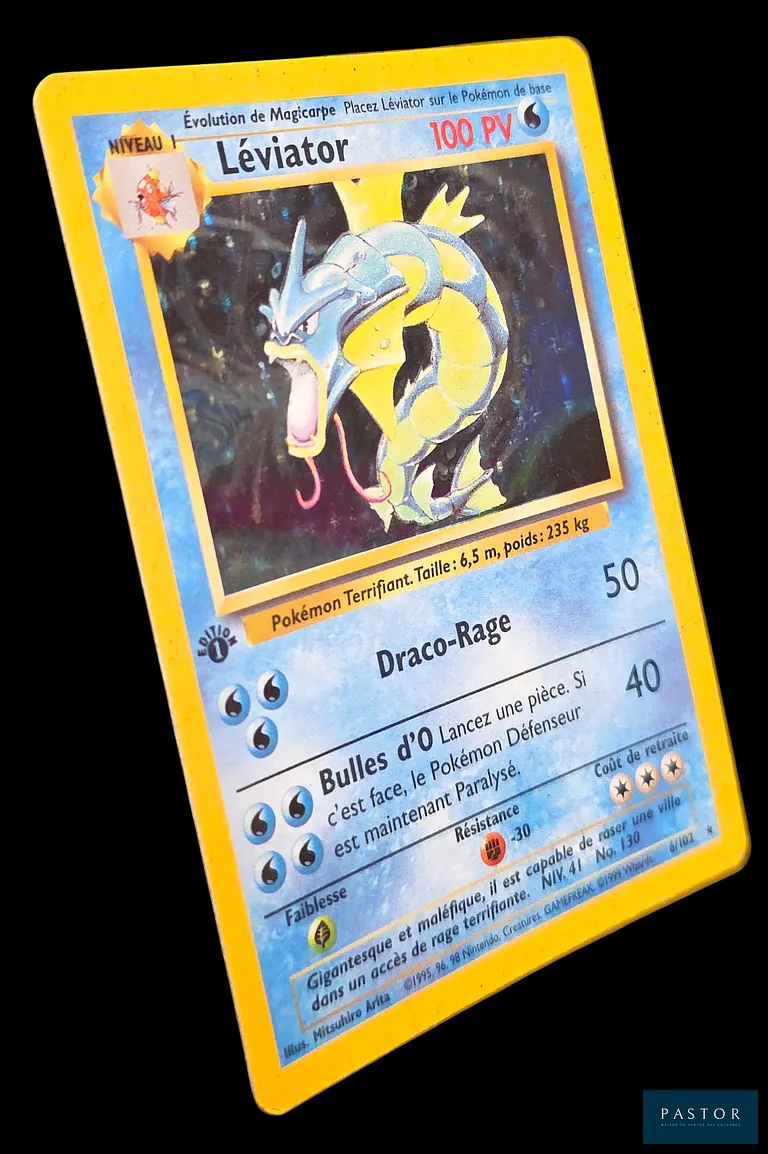 Carte Pokémon Léviator 6/102 - Holographique. 
Série du bloc Wizards : Set de Base édition 1.
Carte en état Bon/Très bon, en français.
Livrée sous bulles.