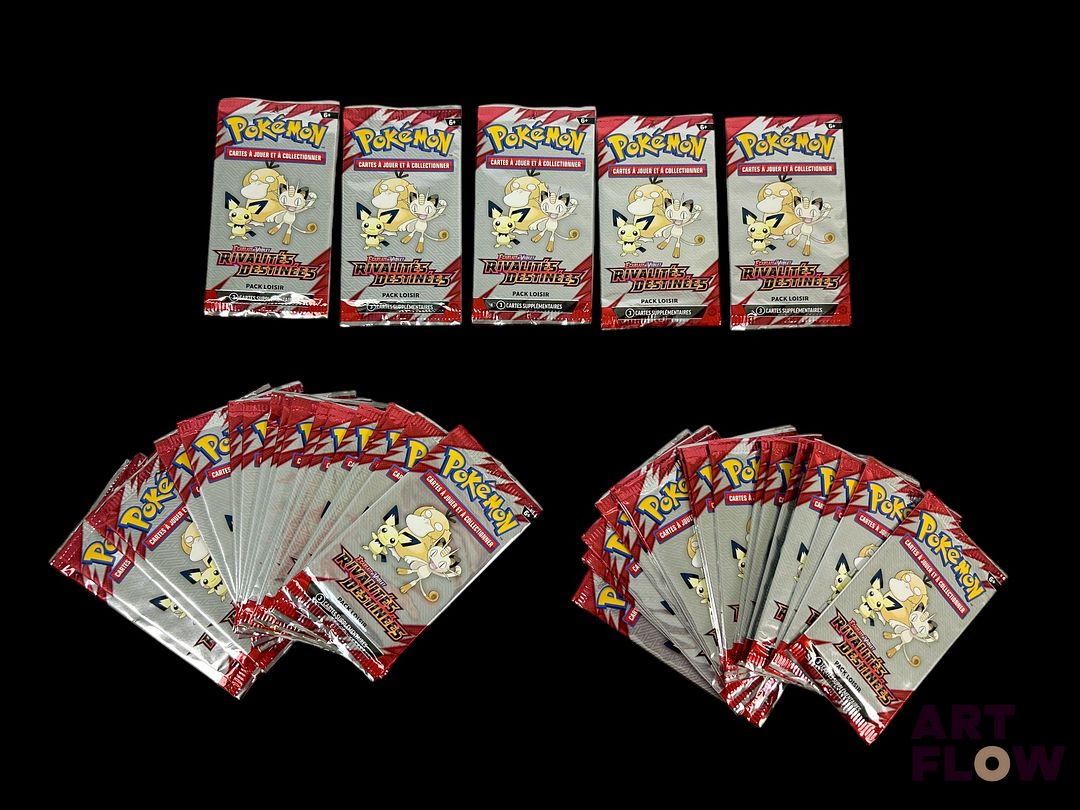 Ensemble de 45 boosters pack loisir Pokémon scellés. Série du bloc Ecarlate et violet : Rivalités destinées (EV10). En Français