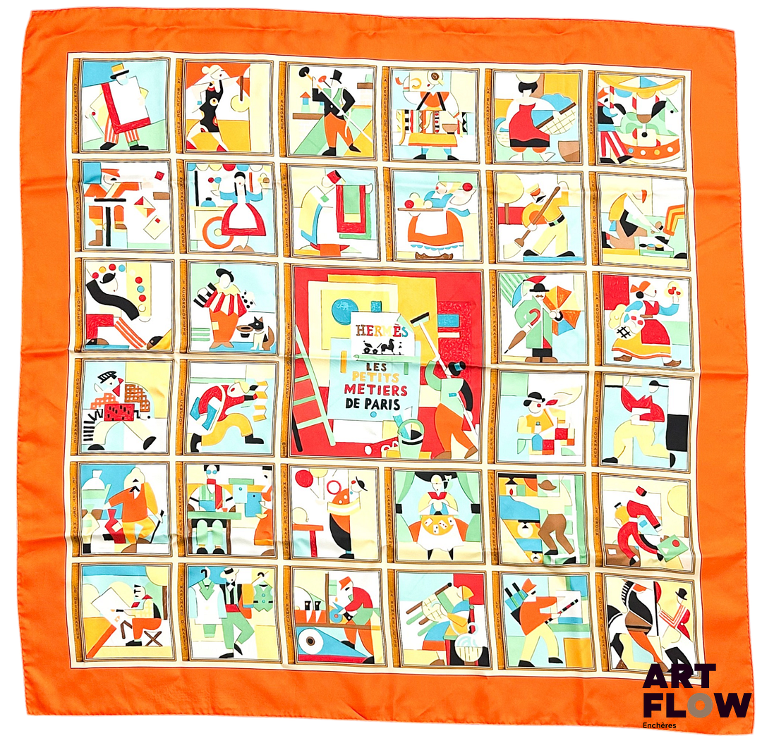 HERMÈS Paris Modèle Les Petits Métiers de Paris Carré en twill de soie à bordure orange Dimensions : 90 x 90 cm