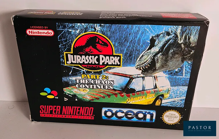 NINTENDO - SUPER NES. Jeu : Jurassic Park Part 2 : The Chaos Continues. Complet avec boite, notice et cartouche. Version SNSP EUR. Sortie : 1994. TBE. Rare. Action/Aventure