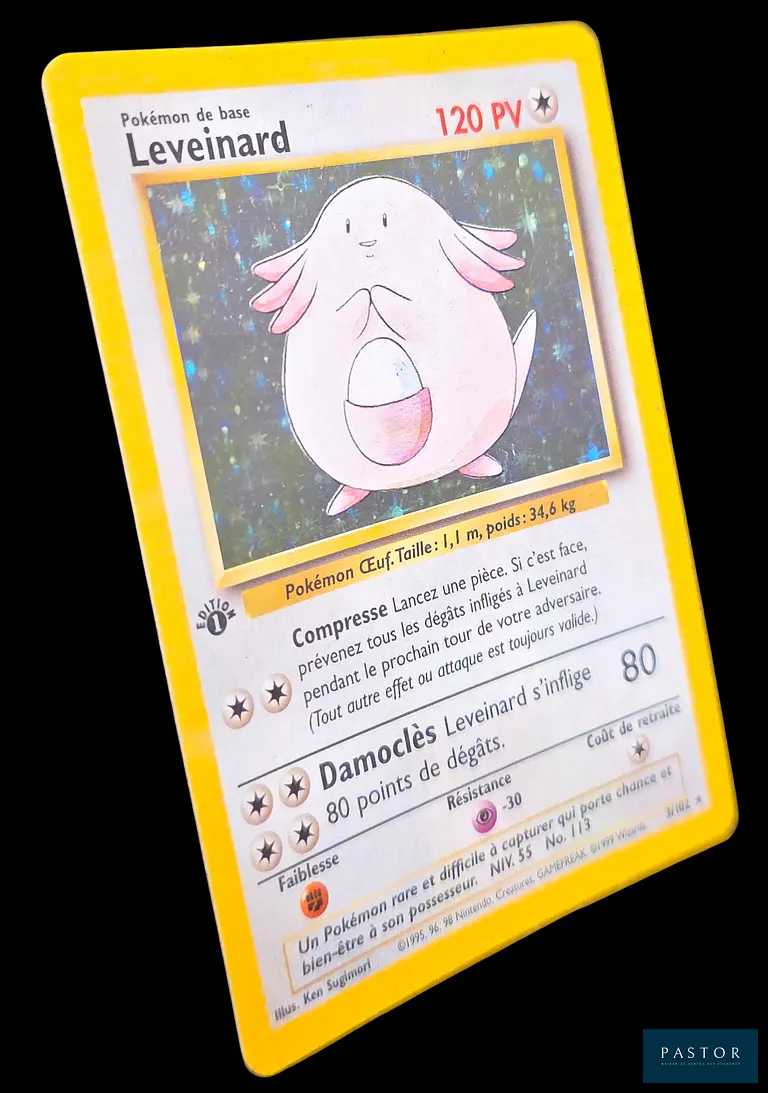 Carte Pokémon Leveinard 3/102 - Holographique. 
Série du bloc Wizards : Set de Base édition 1.
Carte en état Bon/Très bon, en français.
Livrée sous bulles et toploader.