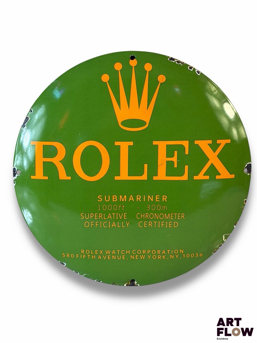 Plaque émaillée concessionnaire Rolex. Diamètre : 30cm Bel état général, malgré quelques signes du temps.