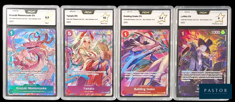 Réunion de 4 cartes One Piece gradées PCA.
Série de la Premium Card Collection - Best Selection Vol.4 : 
- Yamato EB01-007 - PCA 10.
- Kouzuki Momonosuke OP10-028 - PCA 9,5.
- Laffite OP09-095 - PCA 9.
- Buildind Snake OP09-008 - PCA 9,5.
En anglais. - TVA Récupérable