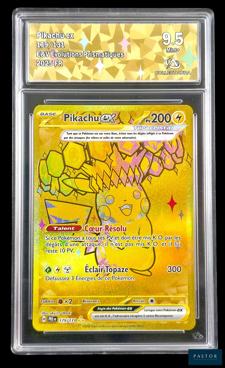 Carte Pokémon gradée Pikachu ex 179/131 – Secrète Gold – Collect Aura 9.5.
Série du bloc Écarlate&Violet : Évolutions Prismatiques.
Carte en état Mint+ (Collect Aura 9.5), en français.