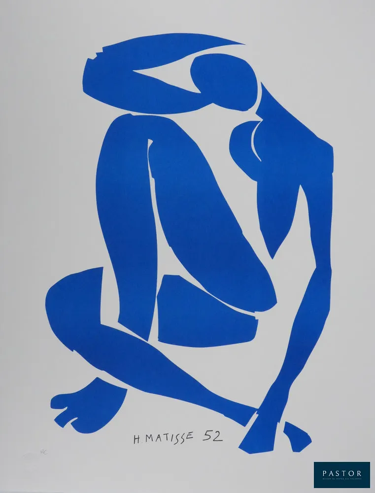 Henri Matisse (1869-1954) (d'après)
Nu bleu IV

Lithographie en bleu
Signée dans la planche
Justifiée HC

  Tirage 2025
  Reproduction à plusieurs exemplaires d'un d'une matrice, gravure, lithographie ou eau-forte, par impression, contact ou projection.
  
  Sur vélin Arches 65 x 50 cm
  
  Tirage a 250 exemplaires plus quelques épreuves HC
  
  Excellent état


Expédition obligatoire, jusqu'à 5 Lithographies dans votre colis pour 14,76€ TTC en France Métropolitaine, et 29,64€ TTC pour l'Europe