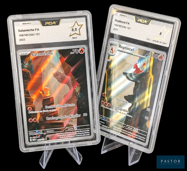 Réunion de 2 Cartes Pokémon gradées -
Chaîne évolutive Salamèche /Reptincel - AR -
PCA 8 à 9,5.
Série du bloc Ecarlate&Violet : 151.
Cartes en état Exc-proche du neuf / Neuf (PCA 8 à 9,5), en français.