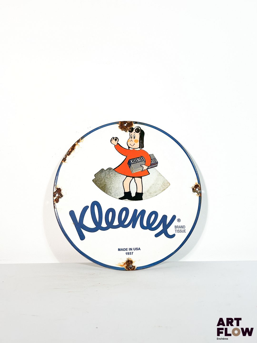 Plaque émaillée ronde d'après Kleenex Diamètre : 30 cm Petits éclats et traces de rouille - Moderne