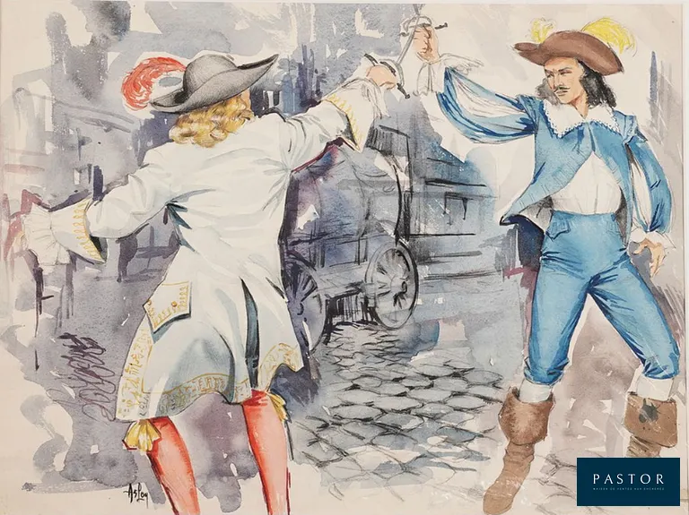 Alain Gourdon dit ASLAN (1930 -2014)
  Les 3 mousquetaires
 
  gouache sur papier signée à l'encre en bas à gauche.
  format : 34 x 42 cm
  en très bon état


Expédition obligatoire, jusqu'à 5 Lithographies dans votre colis pour 14,76€ TTC en France Métropolitaine, et 29,64€ TTC pour l'Europe