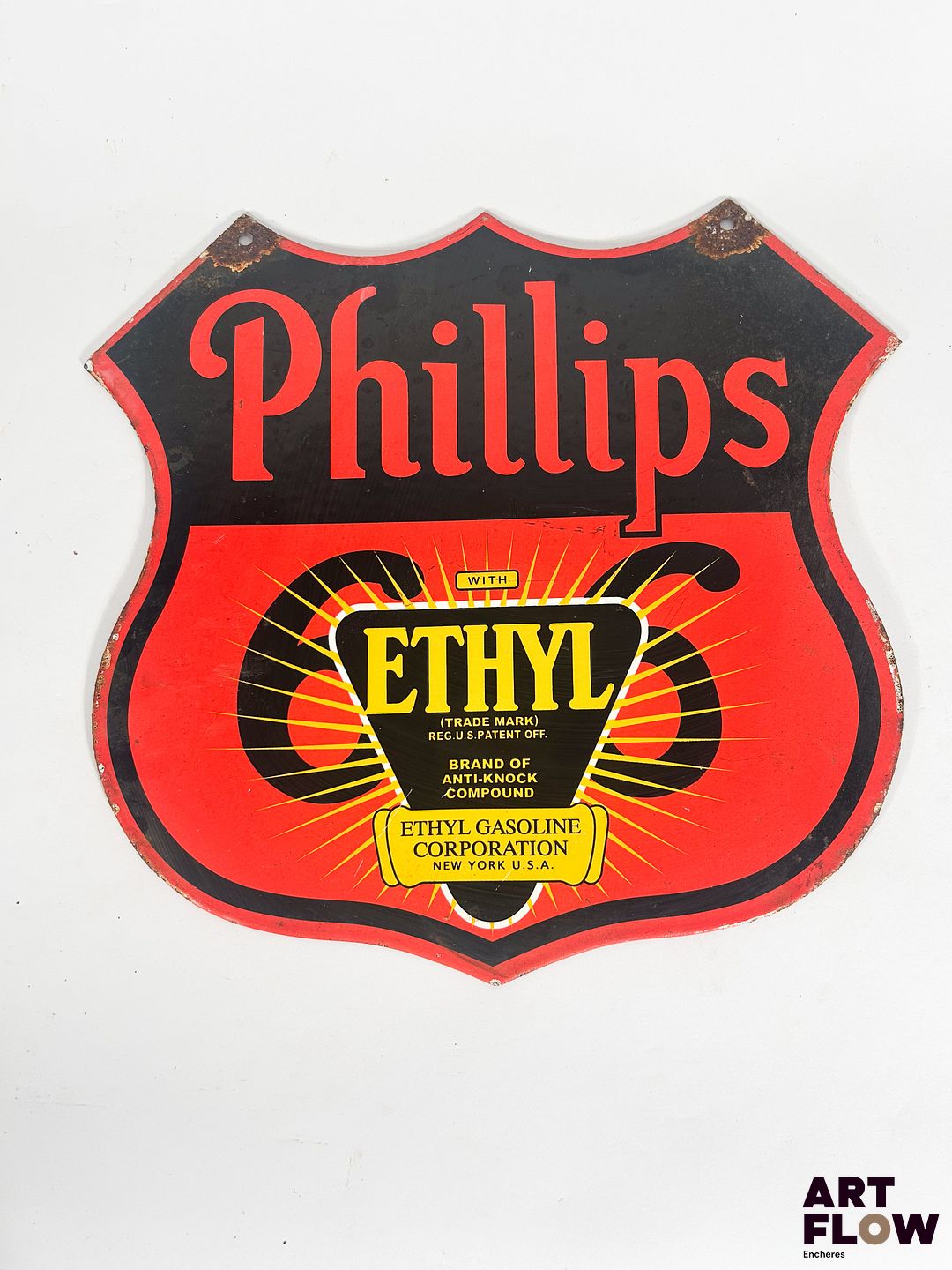 Plaque émaillée Philips Ethyl Gasoline Dimensions : 28 x 28 cm Petits éclats et traces de rouille Reproduction moderne