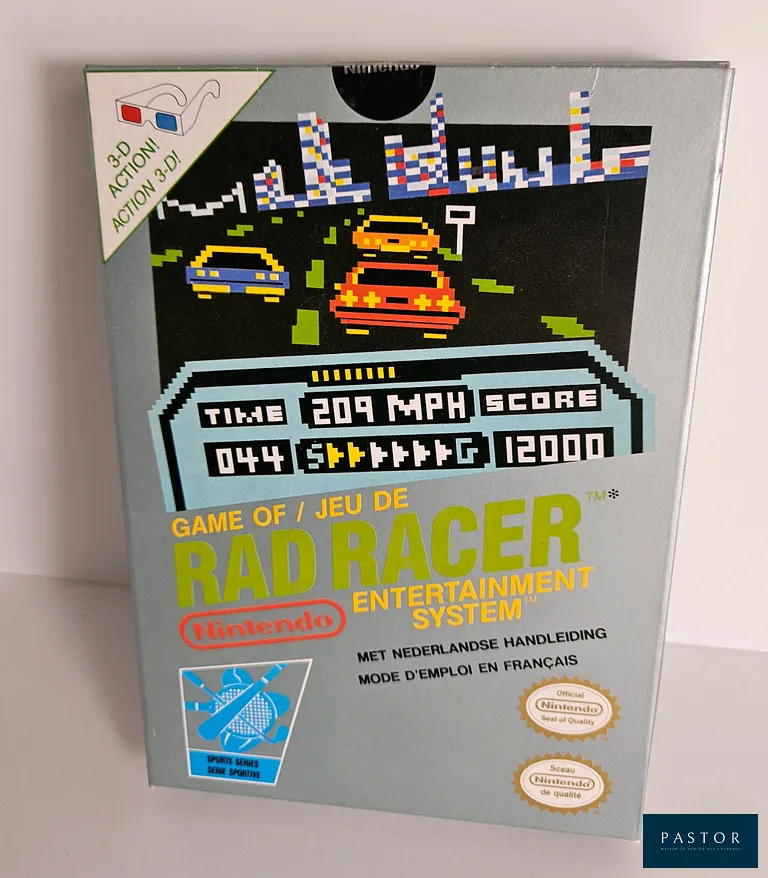NINTENDO - NES. Jeu : Rad Racer. Complet avec boite, notice , cartouche et lunette 3D. Version PAL FRA. TBE. Sortie : 1987. Course