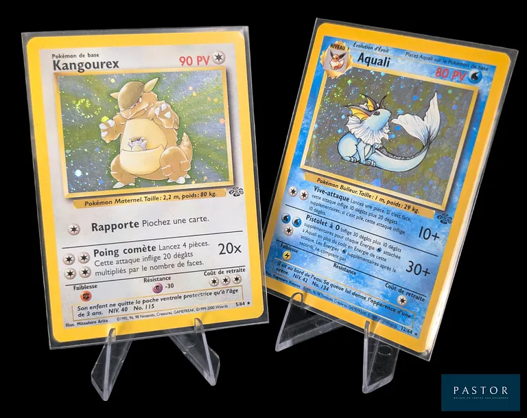 Réunion de 2 cartes Pokémon - Holographiques. 
Série du bloc Wizards : Jungle.
Cartes en état global Très bon, en français.
Livrées sous bulles et toploaders.