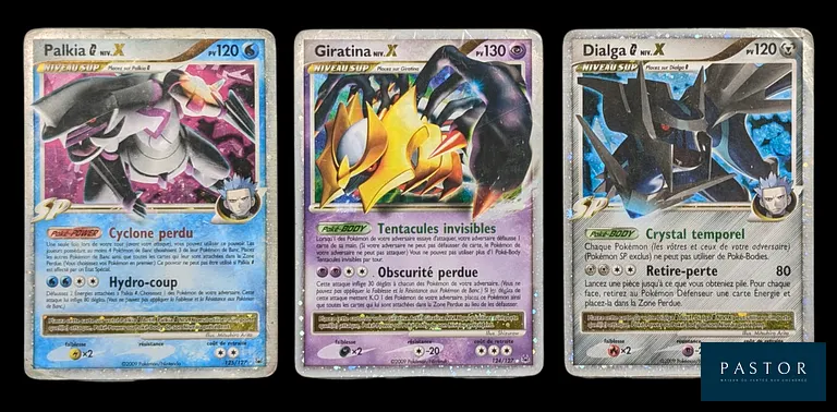 Réunion de 3 cartes Pokémon - Niv. X.
Série Platine - 1ère série du bloc.
Cartes en état global Moyen, en français.