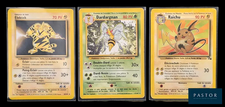 Ensemble de 5 cartes Pokémon - Rares.
Diverses séries du bloc Wizards : Set de Base, Fossile et Neo Genesis.
Contient 2 cartes Dresseurs.
Cartes en état global Très bon, en français.