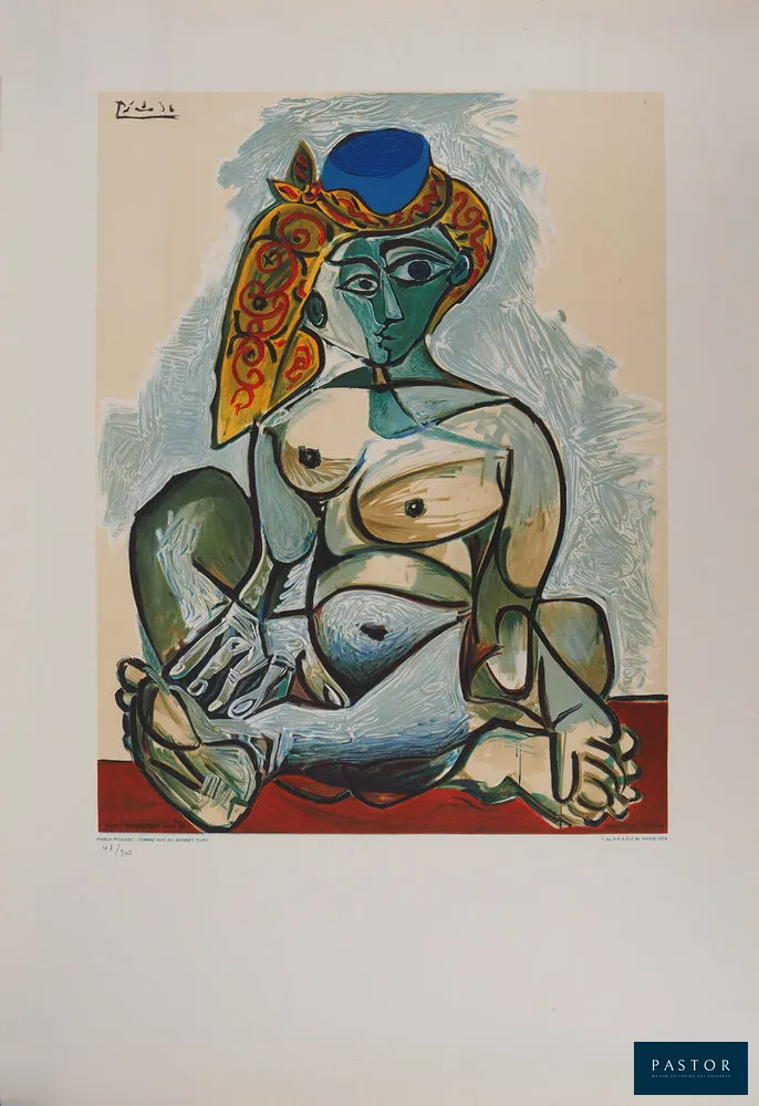 Pablo Picasso (1881-1973) (d'après)
Femme nue au bonnet turc, 1974

Lithographie en couleurs (atelier Mourlot)
Signée dans la planche
Numérotée / 300 exemplaires (le numéro de photo est fourni à titre d'exemple)
Sur vélin 75 x 52.5 cm

REFERENCE : Catalogue raisonné Rodrigo, Vol. I #259

INFORMATION : Lithographie mise sur pierre par Henri Deschamps d'après le tableau éponyme qui figure dans les collections du Centre Pompidou, sous le numéro d'inventaire #AM 1984-637
Cette lithographie a été créée pour l'affiche de la Biennale de Menton, sous le contrôle de Picasso qui est décédé quelques mois avant l'événement.

Excellent état


Expédition obligatoire, jusqu'à 5 Lithographies dans votre colis pour 14,76€ TTC en France Métropolitaine, et 29,64€ TTC pour l'Europe